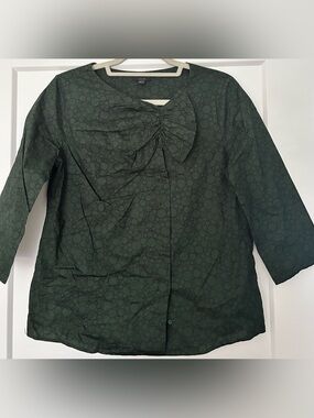 COS Dark Green Bubble-Print Long Sleeve Top with Neck Bow Accent